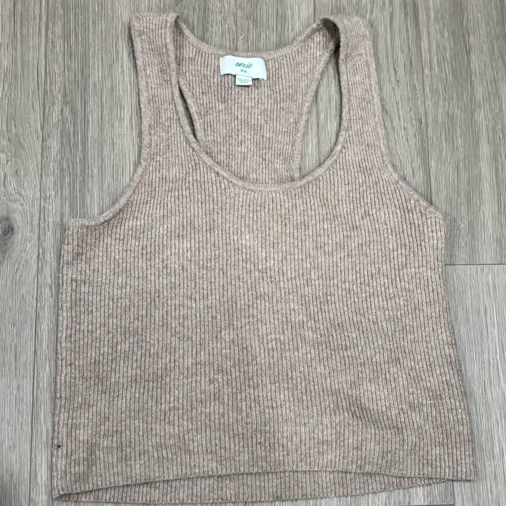 Aerie Ribbed Knit Racerback Crop Tank Top Tan Beige Medium